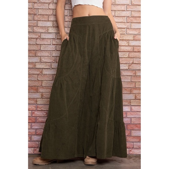 Blue Velvet Pants - Blue Velvet Ultra Wide Leg Corduroy Pull On Pants in Dark Olive